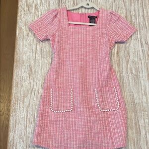 Beautiful Xtraordinary Pink Tweed Kids Dress with Pearl Details